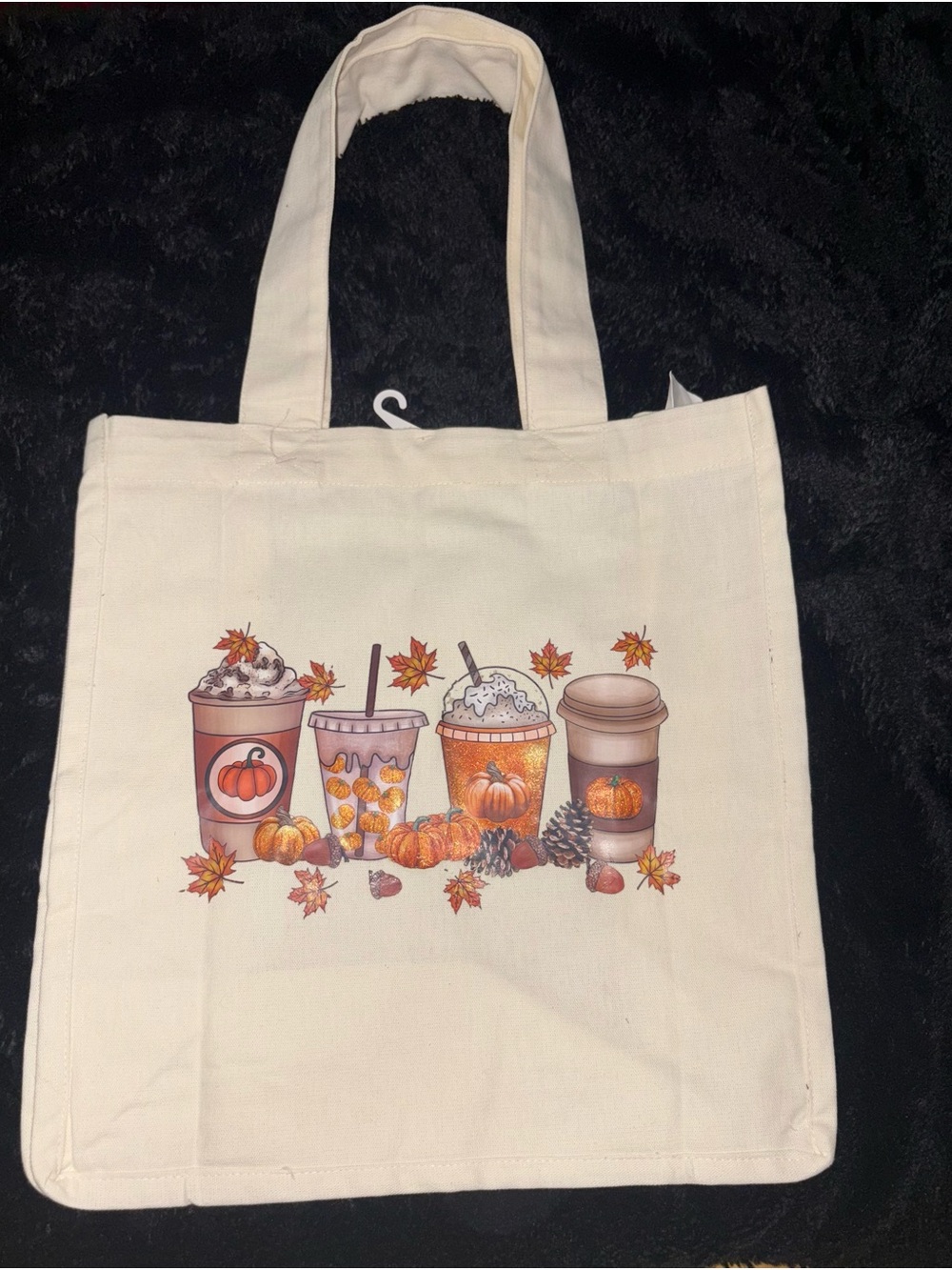 Unbranded Cream Canvas Fall Pumpkin Tote Bag with Seasonal Drink Art
